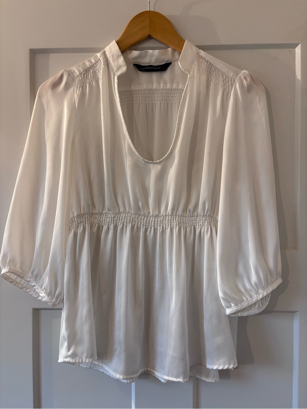 Zara Cream Scoop Neck Smocked-Waist Blouse